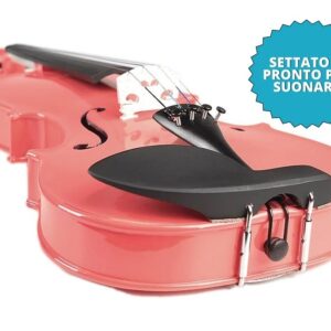VIOLINO LEONARDO 4/4 ROSA truttura solida, vernice in nitrocellulosa, tastiera e piroli di colore nero, cordiera con tiracantini integrati, custodia con 2 sedi per gli archetti e un cassetto per gli accessori. Archetto e pece inclusi.