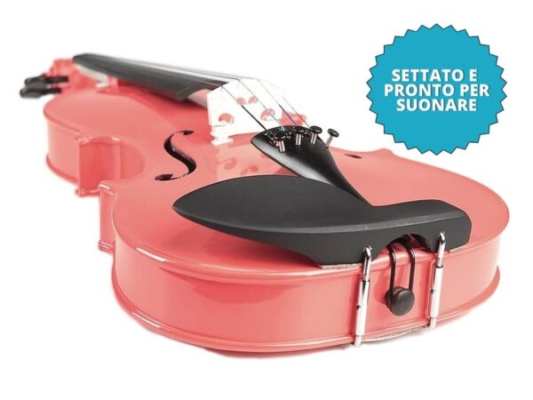 VIOLINO LEONARDO 4/4 ROSA truttura solida, vernice in nitrocellulosa, tastiera e piroli di colore nero, cordiera con tiracantini integrati, custodia con 2 sedi per gli archetti e un cassetto per gli accessori. Archetto e pece inclusi.